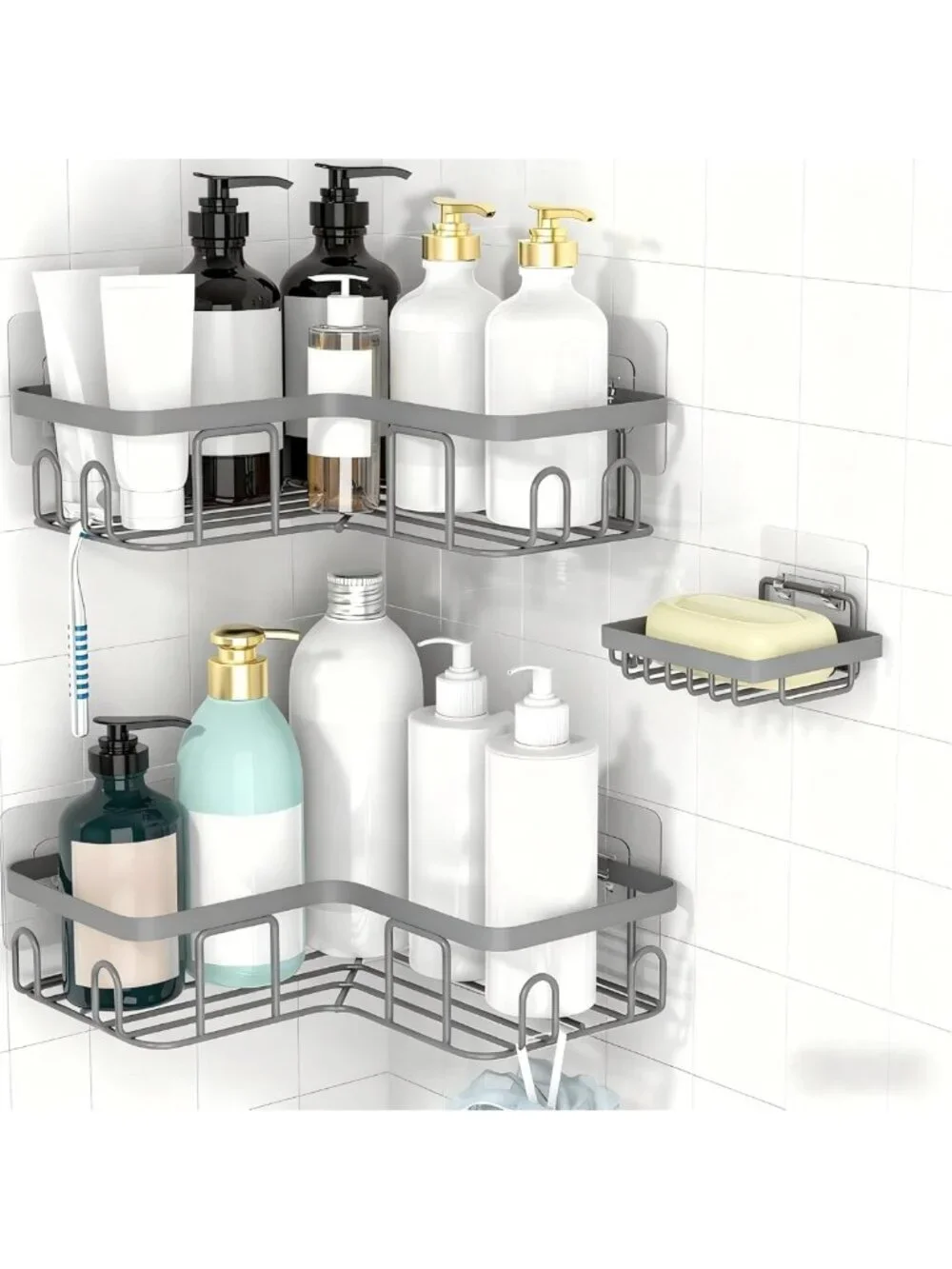 Stylish Corner Shower Caddy Organizer - Self-Adhesive Grey Bathroom Shelf